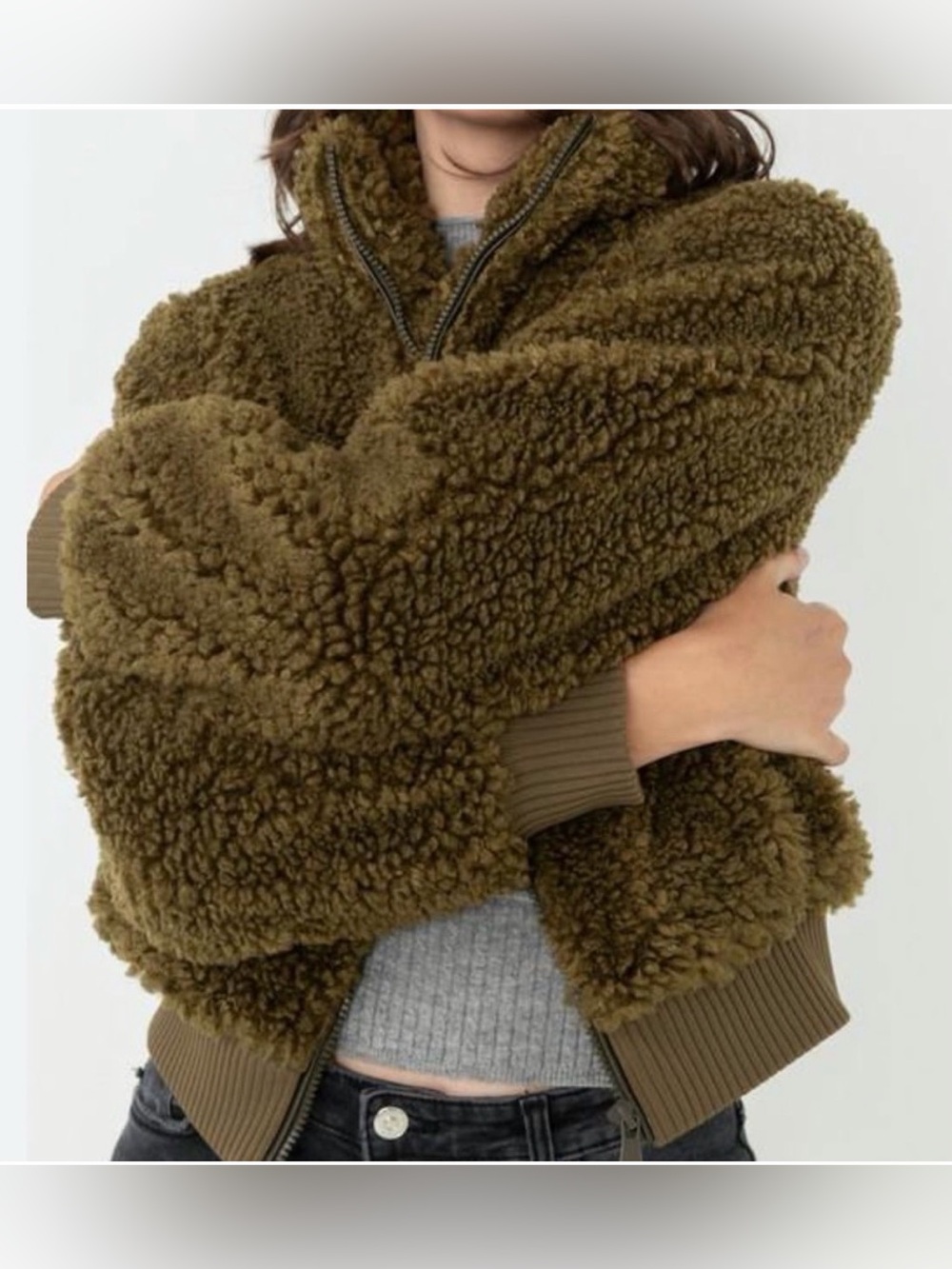 NWOT- LOVE TREE Olive Green Sherpa Zip-Up Jacket